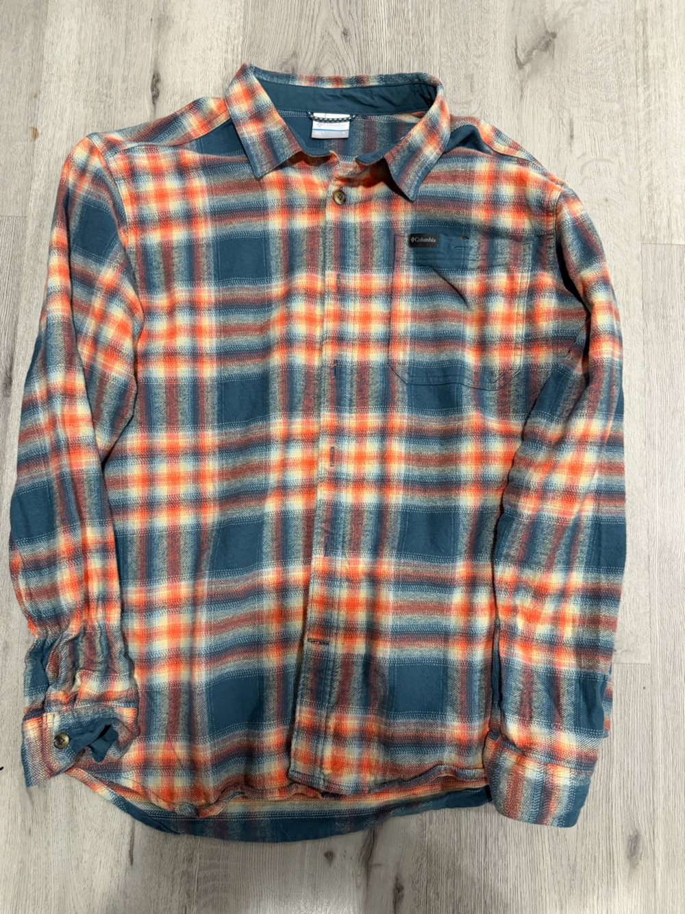 Columbia Blue and Orange Plaid Button-Down Shirt